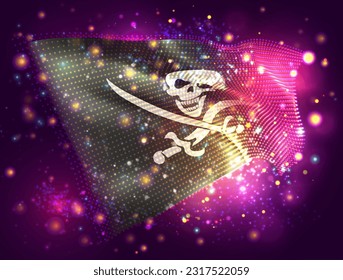 Pirate, on vector 3d flag on pink purple background with lighting and flares