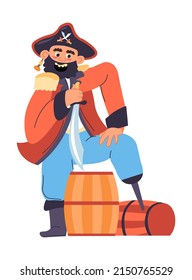 Pirate with one leg standing by wooden barrels of rum. Alcoholic beverage in cask, fermentation brewing of drink. Whiskey or cognac in distillery. Spirit for voyages and trips. Vector in flat style