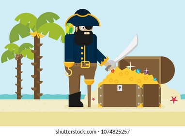Pirate and open treasure chest and pirate stuff on a desert island flat design