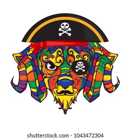 Pirate ornament face of sheep, ram with horns, vector cartoon hand drawn illustration isolated on white background