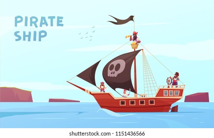 Pirate outdoor composition with cartoon style images of picaroon sea rover at sea with editable text vector illustration