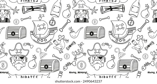 Pirate outline elements seamless pattern in flat