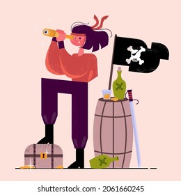 Pirate pack: chest, gold, spyglass, rum bottles, flag and rapier. A young pirate stands and looks into the distance. Geometric flat style 