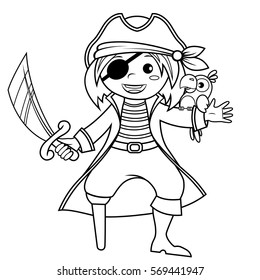 Pirate with parrot. Black and white vector illustration for coloring book