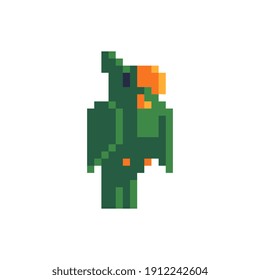 Pirate parrot character. Pixel art. Tropical bird. Sticker design. Game assets. 8-bit. Isolated abstract vector illustration.