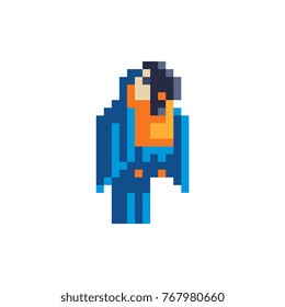 Pirate parrot character. Pixel art. Tropical bird. Sticker design. Game assets. 8-bit. Isolated abstract vector illustration.