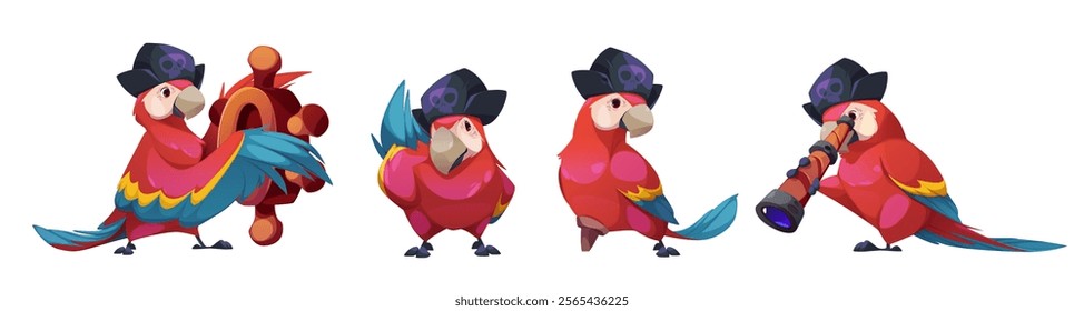 Pirate parrot character set with black hat and skull emblem - crimson feathered bird in different poses with spyglass, steer ship with wooden wheel, standing with wood leg. Macaw mascot design.