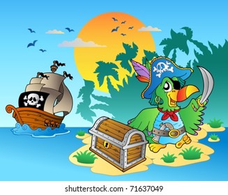 Pirate parrot and chest on island - vector illustration.