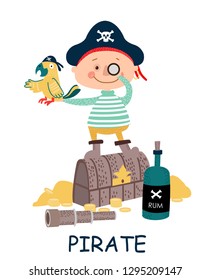 pirate with a parrot, a chest and rum