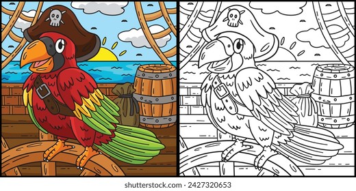 Pirate Parrot Coloring Page Colored Illustration