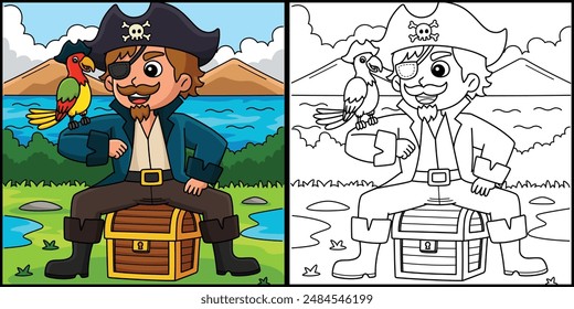 Pirate with Parrot Coloring Page Illustration