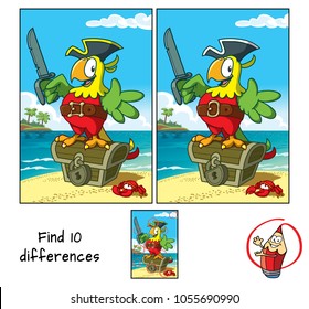 Pirate parrot with a cutlass staying on a treasure chest. Find 10 differences. Educational game for children. Cartoon vector illustration