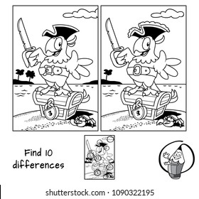 Pirate parrot with a cutlass staying on a treasure chest. Find 10 differences. Educational game for children. Black and white cartoon vector illustration