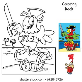 Pirate parrot with a cutlass staying on a treasure chest. Coloring book. Cartoon vector illustration