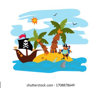 Pirate, parrot deserted island, raider boat with sea character bandit flag, isolated on white, flat vector illustration. Island treasure chest, palm tree, tropical beach and ocean, sea.