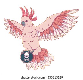 Pirate parrot in flight with outstretched wings and a black mark in his paws. Cockatoo. Vector illustration isolated on white background