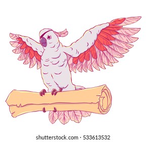Pirate parrot in flight with outstretched wings and the coin in his paws. Cockatoo. Vector illustration isolated on white background