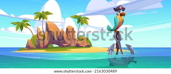 Pirate parrot in\
hat on anchor on sea beach. Vector cartoon illustration of\
uninhabited tropical island landscape with palm trees, rocks, and\
corsair bird in black hat with\
skull