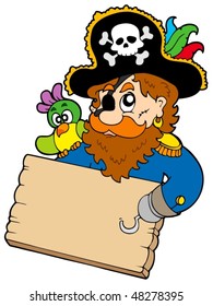 Pirate with parrot holding table - vector illustration.