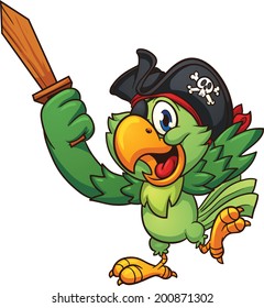 Pirate parrot holding  a wooden sword. Vector clip art illustration with simple gradients. All in a single layer.