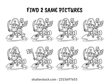 Pirate with a parrot on the island. Find two identical pictures. Educational game for kids. Black and white vector illustration