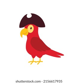 Pirate parrot on a white background, vector flat illustration. A parrot in a hat. Parrot character for the pirate adventure game