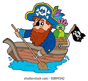 Pirate with parrot paddling in boat - vector illustration.