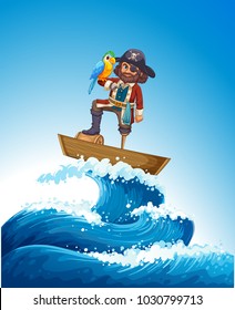 Pirate and parrot pet on wooden boat illustration