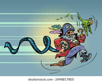 The pirate with the parrot runs away with the videotape. Infringement of copyright on TV series, films and other content. Modern pirates with a touch of humor. Comic cartoon pop art retro vector