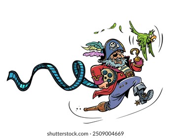 El pirata con el loro huye con la cinta de video. Infracción del Derechos de autor en series de televisión, películas y otros contenidos. Piratas modernos con un toque de humor. Vector retro del arte pop de la historieta del cómic