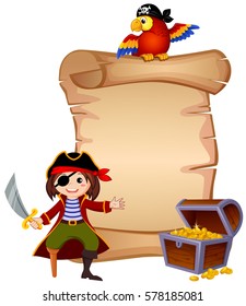 Pirate, parrot, treasure chest and template letter