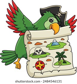 Pirate Parrot with a Treasure Map Cartoon Clipart 