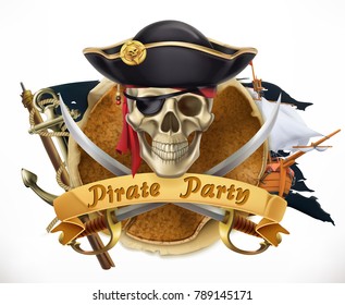 Pirate party. 3d vector emblem
