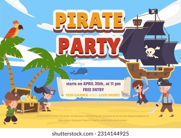 Pirate party banner or poster design with children play buccaneers or filibusters, flat cartoon vector illustration. Kids pirate party invitation or advertising poster.