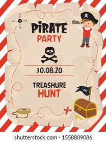 Pirate party banner. Treasure hunt invitation or greeting card template. Cartoon preschooler in a pirate costume with a spyglass in hand. Old map with chest. Flat vector illustration