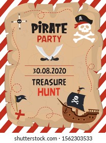 Pirate party banner. Treasure hunt invitation or greeting card template. Cartoon wooden ship,swords and big old map with chest. Flat vector illustration