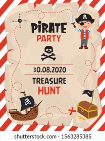 Pirate party banner. Treasure hunt invitation or greeting card template. Cartoon preschooler in a pirate costume with sword in hand. Wooden ship and big old map with chest. Flat vector illustration