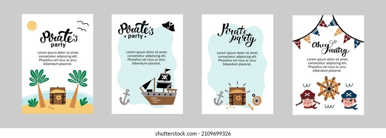 Pirate Party birthday invitation set. Vector illustration with hand lettering, cute elements, treasure chest, desert island, kids in tricorn, pirate ship. For postcard, greeting design.