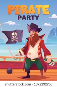 Pirate party cartoon poster with bearded smiling filibuster captain with hook hand and wooden leg prosthesis holding rum bottle stand on wooden ship deck with jolly roger flag, vector illustration