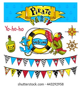 Pirate party elements for birthday. Steering wheel, bottle and other pirate symbols. Kids party elements.