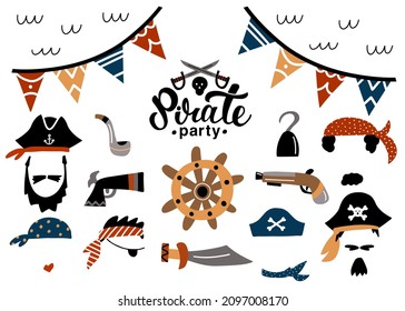 Pirate party elements collection, photo booth props set. Kids birthday party accessories: tricorn hat, beard, eye patch, mustache, pipe, guns, hook. For decoration, scrapbooking, party invitation.