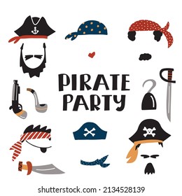 Pirate party elements set. Photo booth props and scrapbooking collection: beards, mustaches, tricorn, bandanas, hook, sword, pipe. Vector illustration of buccaneer accessories collection.