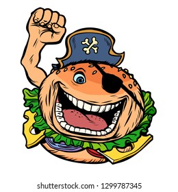 pirate party fast food Burger. Comic cartoon pop art retro vector illustration hand drawing