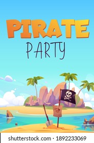 Pirate party flyer, invitation for kids adventure game or costume party. Vector poster with cartoon illustration of summer island with black pirate flag with skull, shovel and map on sand beach