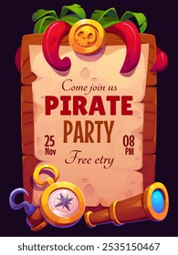 Panfleto de festa pirata para o evento de entretenimento infantil ou parque temático, cartaz de desenho animado vetorial. Panfleto de convite de festa pirata do Caribe com gancho de capitão e crânio em ouro do tesouro, marinheiro espiral e bússola