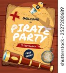 Pirate party flyer with vintage manuscript scroll, dagger and spyglass. Cartoon vector fun, adventure-themed invitation featuring old treasure map with a dagger pinned to it, telescope and compass