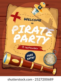 Pirate party flyer with vintage manuscript scroll, dagger and spyglass. Cartoon vector fun, adventure-themed invitation featuring old treasure map with a dagger pinned to it, telescope and compass