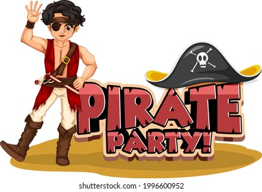 Pirate Party font banner with a pirate man cartoon character illustration