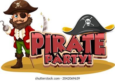 Pirate Party font banner with a pirate man cartoon character illustration