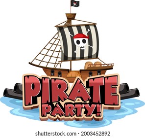 Pirate Party font banner with a pirate ship isolated illustration